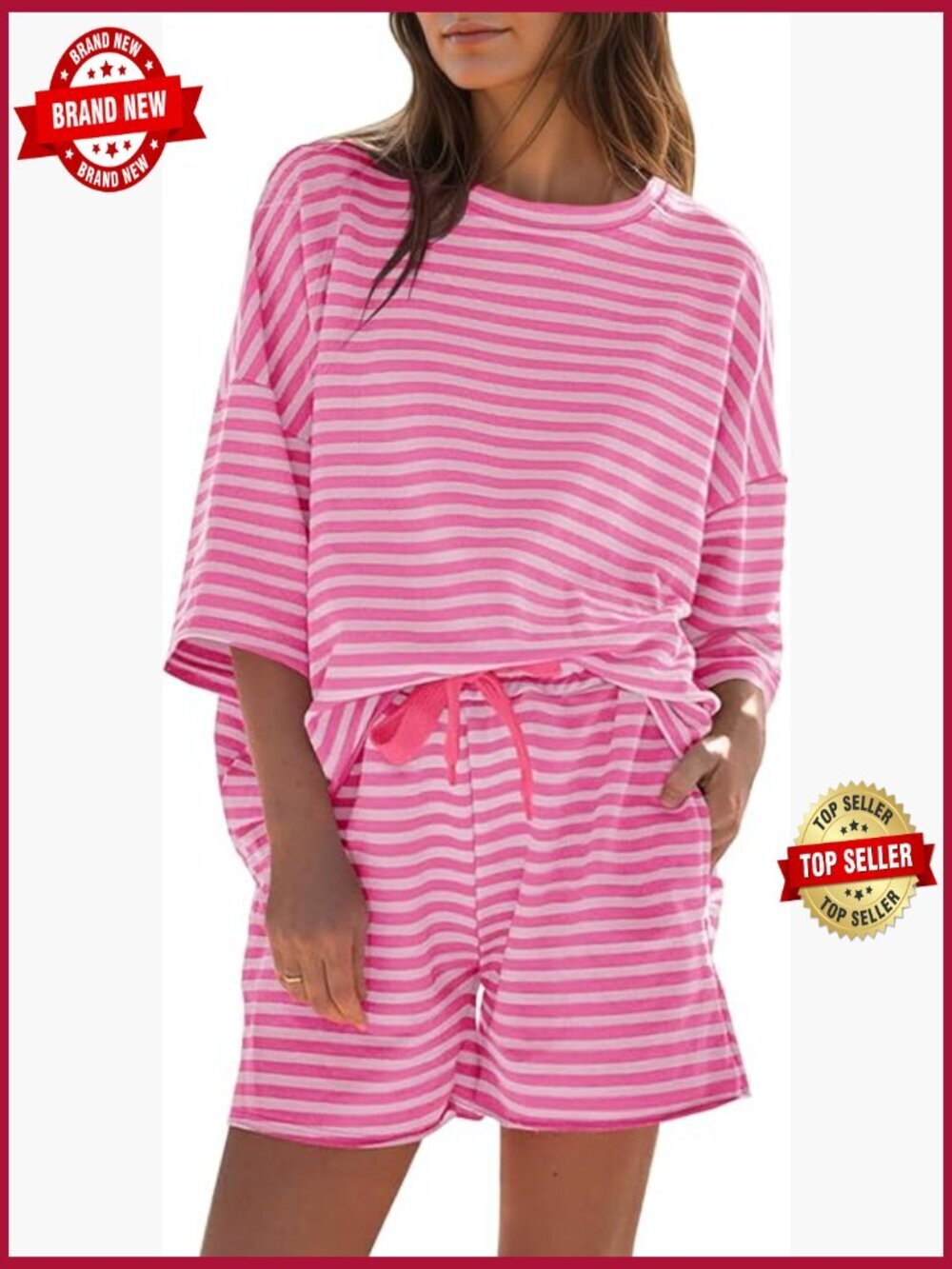 Striped 2 Piece Lounge Set Oversized Top High Waisted Shorts